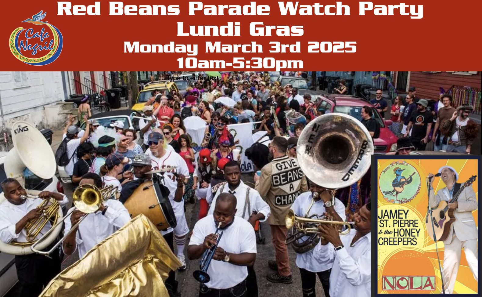 Red Beans Parade Watch Party with Live Music from Jamey ST Pierre and THC!