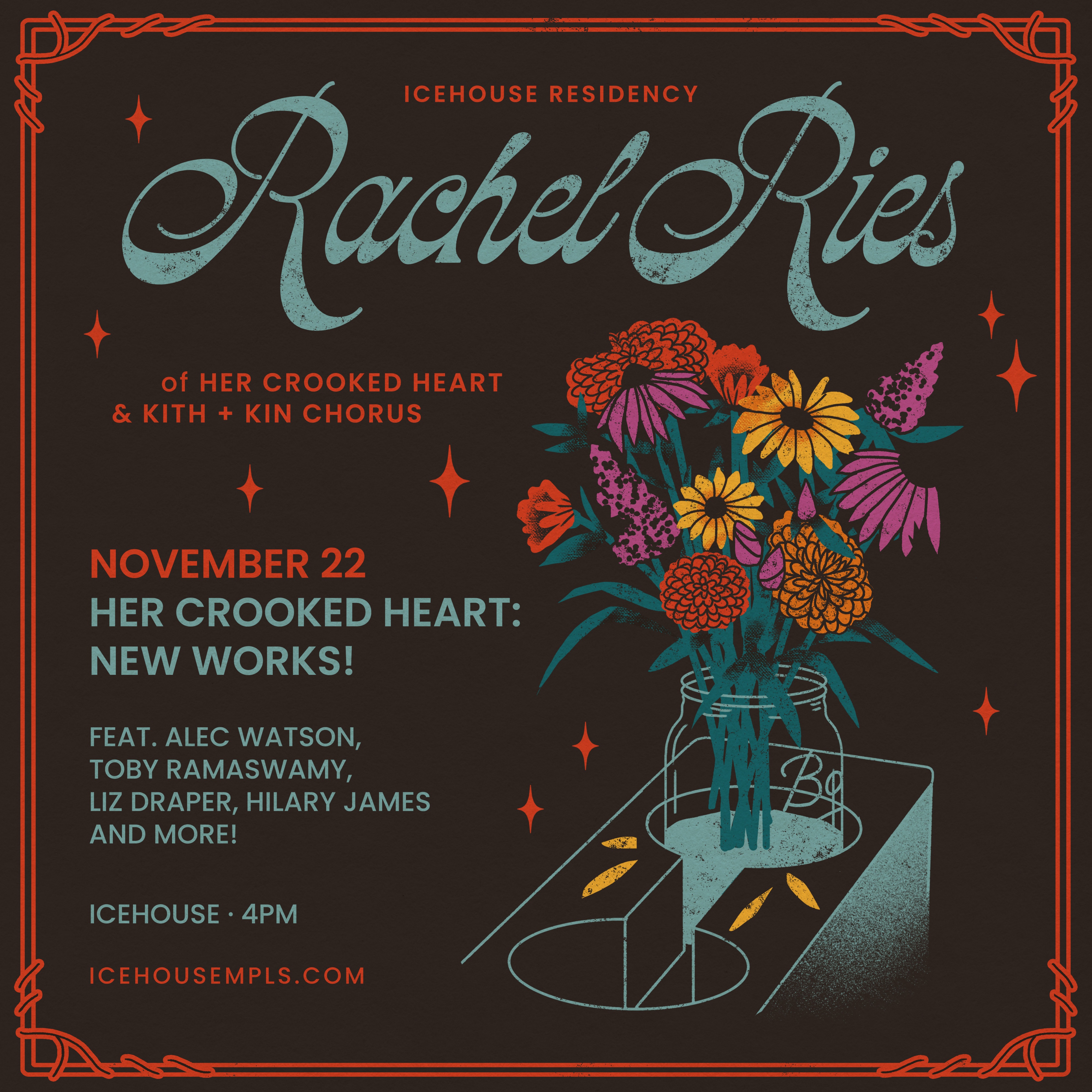 Rachel Ries Residency: Her Crooked Heart (New works!), Alec Watson opens