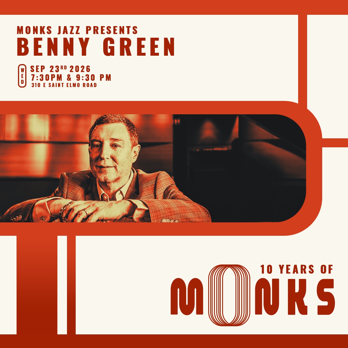10 Years of Monks | Benny Green artwork from Monks Jazz Club